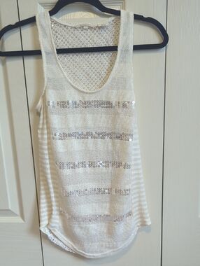 Women's Cream Sequin Stripe Knit Tank Top